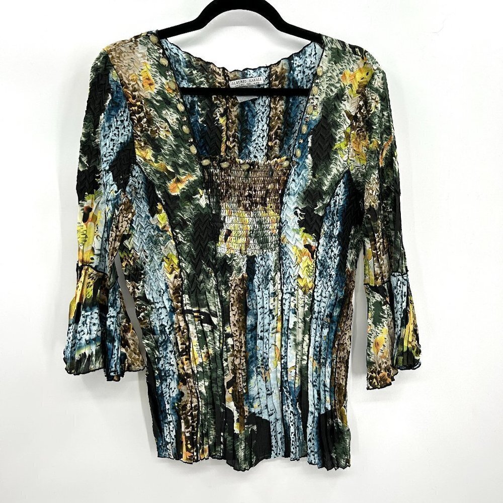 ALBERTO MAKALI Textured Blue Yellow Bell Sleeve Smocked Stretch Blouse Medium